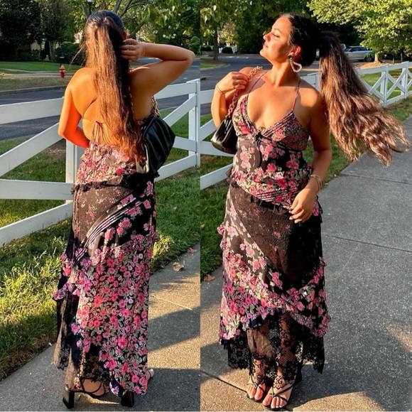 For Love & Lemons Rosalyn Pink Floral Ruffled Bohemian Formal V Neck Maxi Dress - Picture 4 of 15